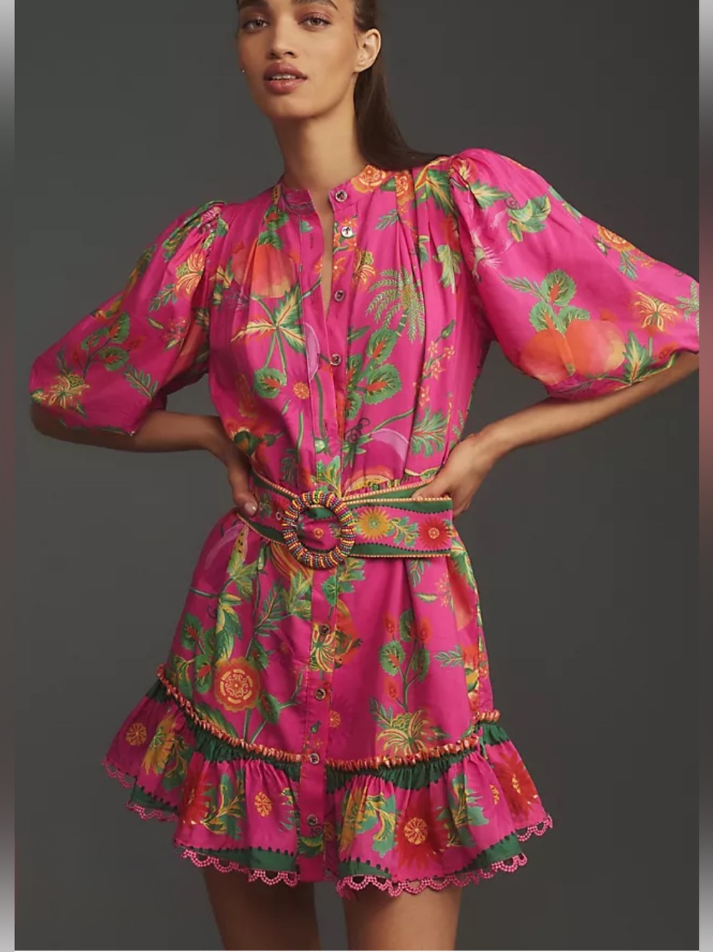FARM Rio Hot Pink Tropical Puff-Sleeve Mini Dress
